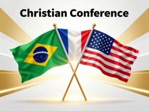 Crossed flags of Brazil, France, and the United States with radiant golden light behind them and the words “Christian Conference” above.