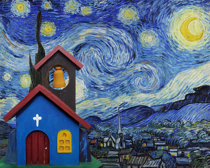 A prophetic warning to the church in Paris France presents a small colorful church in a Van Gogh stary night background.
