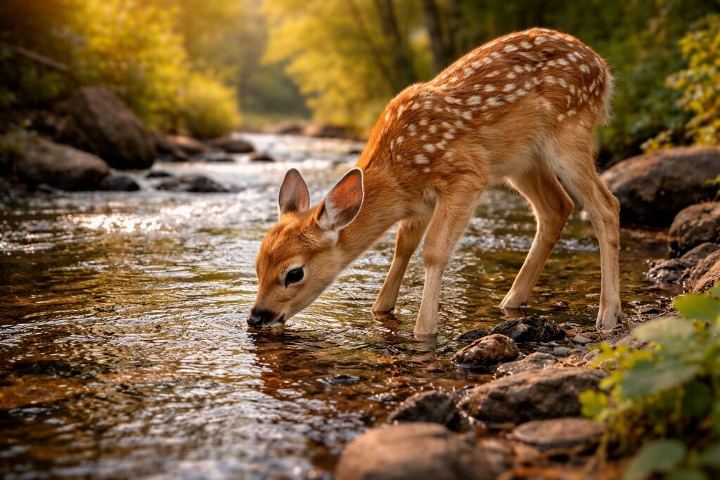 Psalm 42: A spotted fawn stands in a shallow forest stream, lowering its head to drink water as warm sunlight filters through the trees and reflects off the rippling creek.