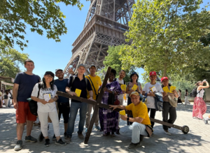 Group of Christian evangelists sharing the Gospel near the Eiffel Tower during the Million Month outreach in Paris, France.