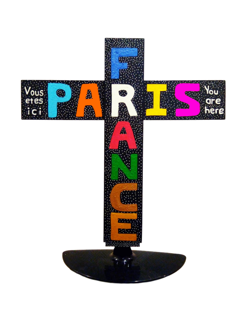 A cross with a 1000 stars with the inscribtion Paris written horizontal and France vertival forminga perfect cross.