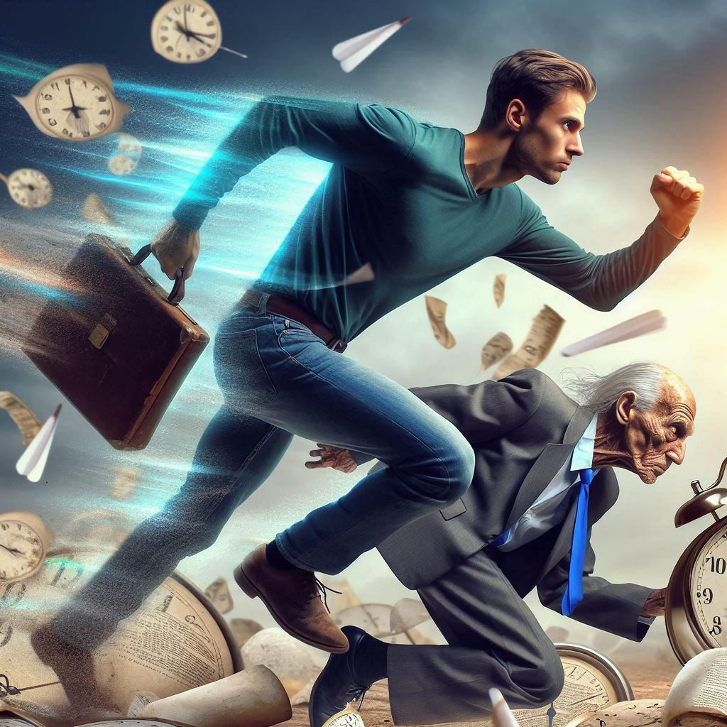 Tomorrow Is Gone —  A young man sprint next to an old man chasing after the wind.