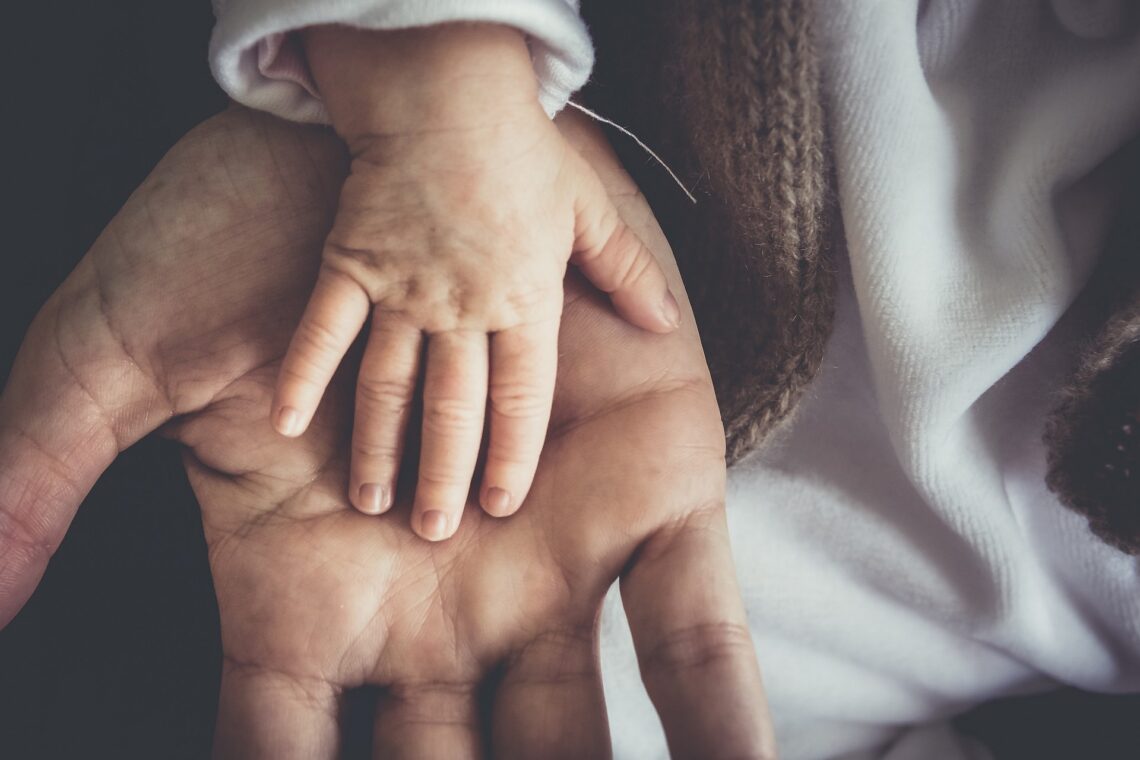a childs hand rest in a parents palm